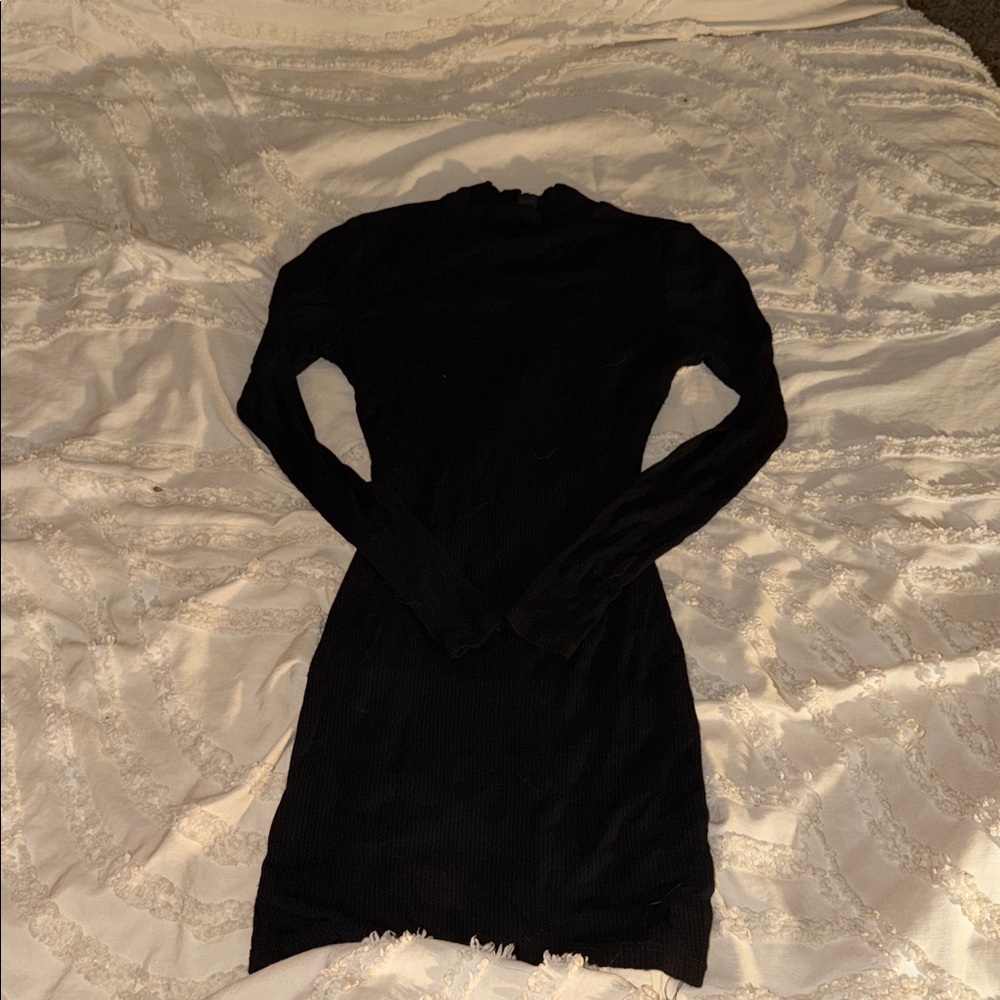 Women's Long Sleeve Ribbed Mock Neck Dress - Black